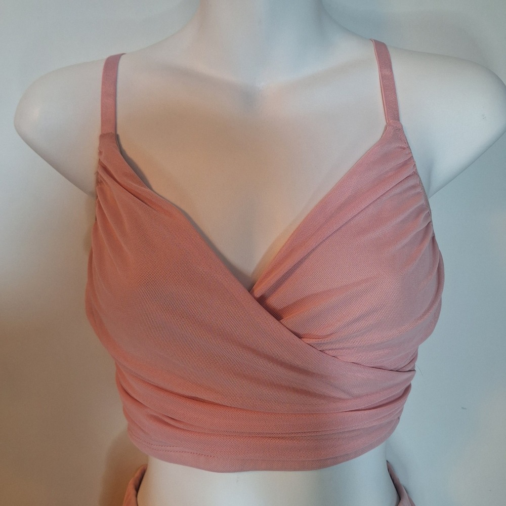 Fashion Nova Pink Ruched Mesh 2 Piece Set Crop Top Midi Skirt Size Small - Picture 2 of 6